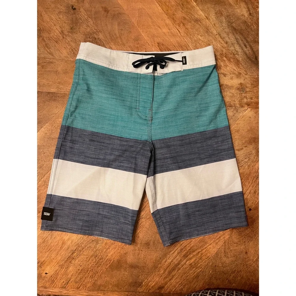 Vans Boys Colorblock Board Shorts Teal Navy White Striped Swim Trunks Size 25/10